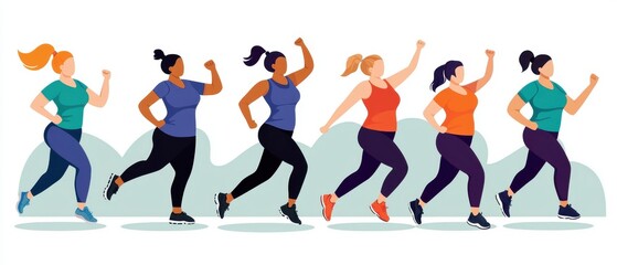 Women running together in a group outdoor park illustrative art dynamic environment side view fitness concept