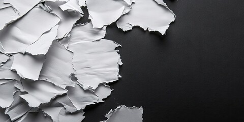 Torn white paper pieces scattered on a dark black background creating ample space for textual overlay and copy placement