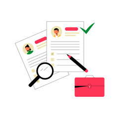 Magnifying Glass Over Job Resumes With A Pen And Red Briefcase In Flat Vector Illustration Symbolizing Recruitment, Job Search, And Human Resources, Isolated On White Background