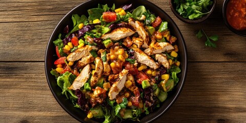Vibrant Southwest Chicken Salad in black bowl on rustic wooden table featuring greens, corn, red tomatoes, and grilled chicken slices