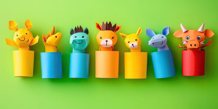 Colorful handmade animal puppets created from toilet paper rolls arranged against a bright green background showcasing kids DIY crafts and creativity.