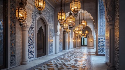 Fototapeta premium Elegant hallway with ornate lanterns and mosaic tile floor