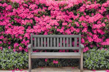 Wooden bench and vibrant pink azalea flowers in serene garden setting
