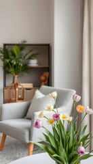 Interior of modern room with comfortable armchair and table with spring flowers, close-up, with white tones