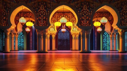 Illuminated Palace Hall With Ornate Arches and Lanterns