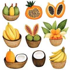 water color design Local market shopping experiences Colorful fruits in woven baskets display.