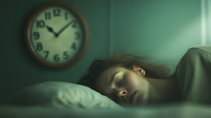 Peaceful night rest as time passes by with a clock showing late hour in a dimly lit bedroom. Generative AI