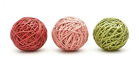 Obraz premium Three rattan balls in red pink and green colors arranged in a line against a clean white background ideal for decorative or design themes