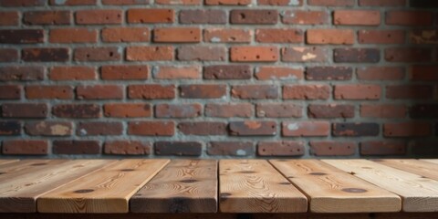 Fototapeta premium Rustic Wooden Tabletop Against a Blurred Brick Wall Background, Perfect for Product Displays and Mockups