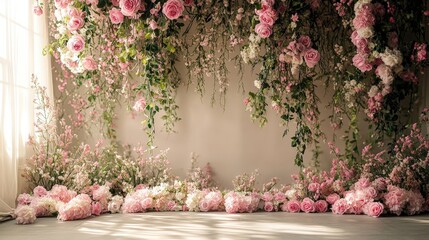 Beautiful Floral Backdrop with Pink Roses and Delicate Blooms for Themed Events, Photography, or Decoration Purposes in Soft Natural Lighting