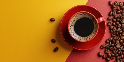 Top view of a bright red coffee cup filled with dark coffee on a vibrant yellow and red table with roasted coffee beans and ample copy space