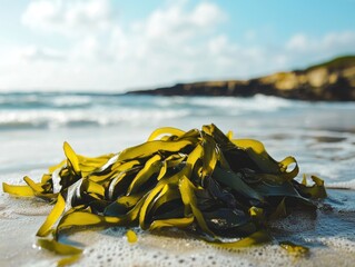 Kelp seaweed on the beach representing a wellness trend and marine superfood