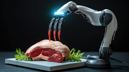 Robotic arm preparing raw meat on a cutting board.
