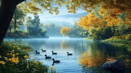 Fototapeta premium A serene autumnal reflection of vibrant fall foliage on the glassy surface of a still lake, mirroring the colorful sky and surrounding forest