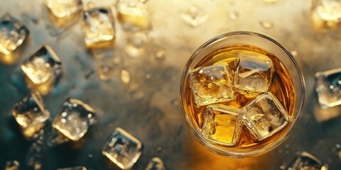 Golden whiskey in a clear glass with ice cubes, overhead view on a reflective table, surrounded by scattered ice cubes and space for text.