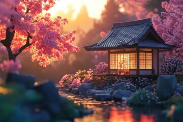 Obraz premium Tranquil japanese tea house at sunset with cherry blossoms by a serene stream