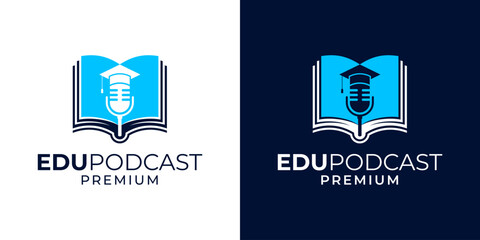Podcast education logo design vector template. Podcast logo icon symbol with book, microphone, graduation hat illustration vector graphic. Microphone voice academy logo design.