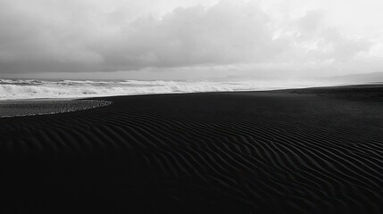 Black Sand Beach Waves Crashing Under Grey Sky