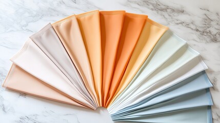 A gradient of pastel fabric swatches arranged in a fan shape