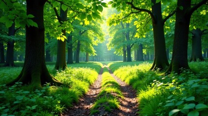 Fototapeta premium Sunlit Path Through a Verdant Forest of Majestic Trees, a Serene and Peaceful Nature Scene