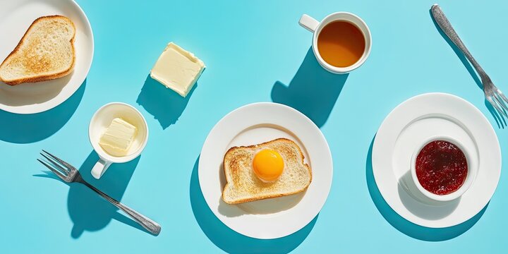 Breakfast layout featuring toasted bread with egg yolk, butter, jam, and coffee on white plates, arranged on a bright blue background.
