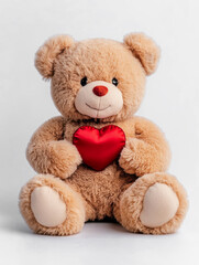 A teddy bear toy with a red heart-shaped cushion as a gift for Valentines day or love.