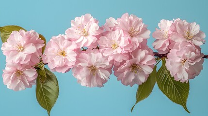 Soft pink cherry blossoms bloom vibrantly on a green branch in springtime. Generative AI