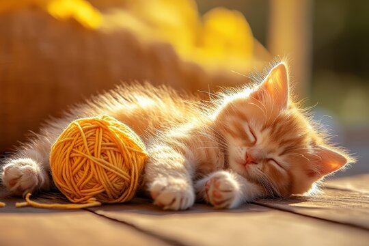 Adorable ginger kitten sleeping peacefully with yellow yarn ball in sunlight