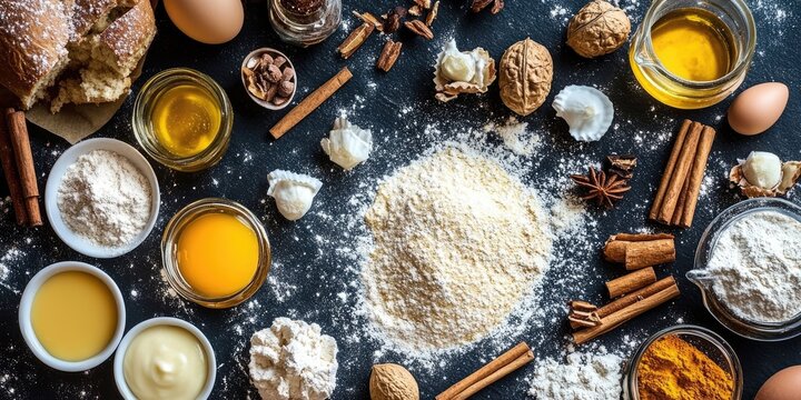 Top view of assorted baking ingredients including flour, eggs, and spices on a dark countertop creating a cozy cooking atmosphere