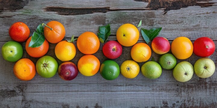 Colorful arrangement of plango and various fruits including oranges and apples on a rustic wooden table, vibrant greens and reds highlighted.
