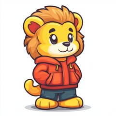 Naklejka premium Adorable Cartoon Lion Wearing Red Hoodie and Jeans