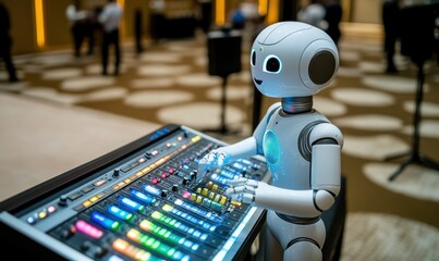 Obraz premium Robot operating audio mixer, conference background