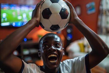 Title: Enthusiastic Soccer Fan Cheers on Team from Living Room Sofa