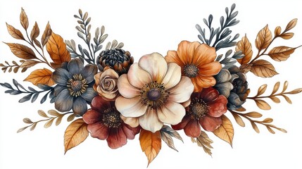 Watercolor autumn floral arrangement with beige, orange, and blue flowers, leaves, and branches.