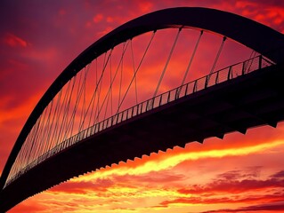 Obraz premium Bridge silhouetted against vivid, red and orange sunset.