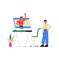 Virtual Meeting With Male And Female Characters In Flat Vector Illustration Symbolizing Online Communication And Remote Work, Isolated On White Background