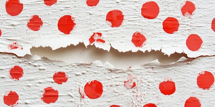 Torn white paper revealing a plain background with vibrant red polka dots, positioned centrally, creating a striking contrast.