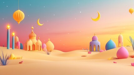 Desert Oasis with Pastel Mosques and Lanterns at Sunset