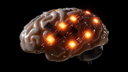 A human brain augmented with glowing circuits