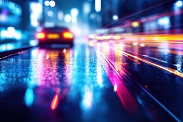 Dynamic night cityscape with vibrant light trails on wet streets