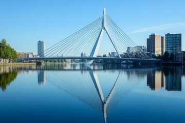 Fototapeta premium Sleek cable bridge over water, buildings behind, clear sky.