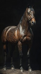 Fototapeta premium Majestic brown horse standing elegantly in dramatic lighting in an artistic showcase