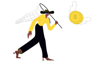 Businesswoman is chasing income. Borrowing and credit concept for web banner, mobile app, advertisement or article.