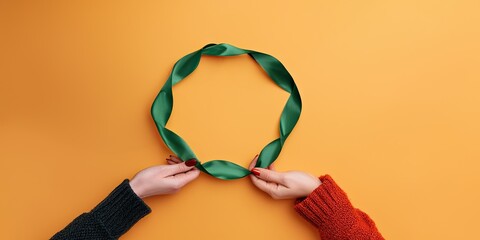 Mental health awareness concept. A pair of hands holds a green ribbon arranged in a circular shape against a vibrant orange background.