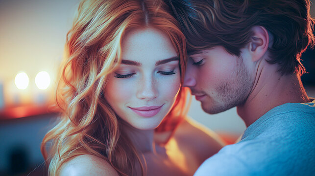 Romantic couple sharing an intimate moment close together in a softly lit setting
