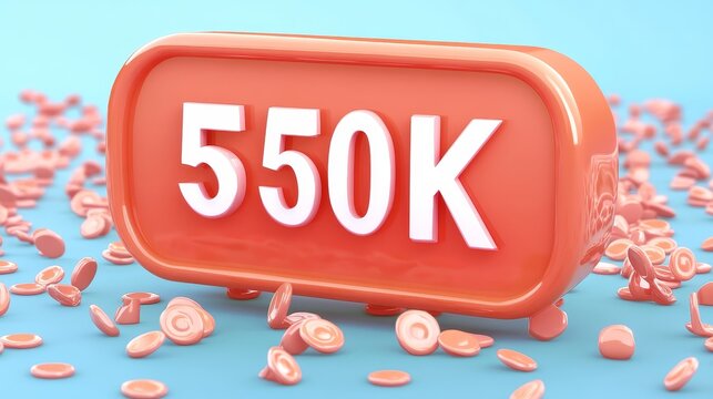 3D Rendering of 550K Text Badge on a Red Rounded Rectangle Accentuated by Scattered Shapes