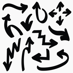 Set of simple bold lines hand drawn black arrows in various style. Set of simple of hand drawn black arrows. Set of simple bold lines hand drawn black arrows. Various of simple lines arrows collection