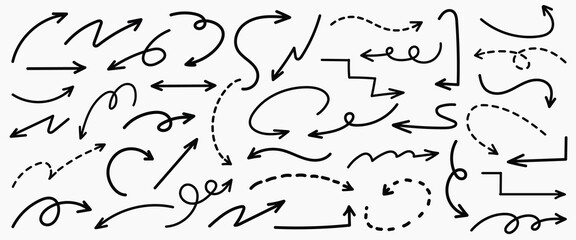 Obraz premium Set of simple lines hand drawn black arrows in various style. Set of simple of hand drawn black arrows. Set of simple lines hand drawn black arrows. Various of simple lines arrows collection