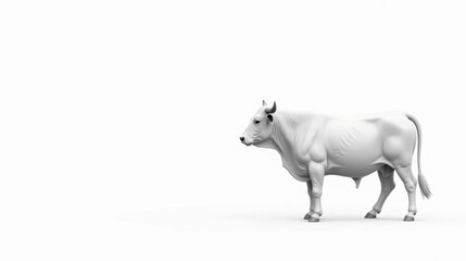 A solitary white bull stands majestically against a plain white backdrop, showcasing its powerful physique and elegant posture.
