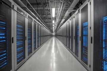 Modern server room showcasing advanced technology and intricate network infrastructure at night